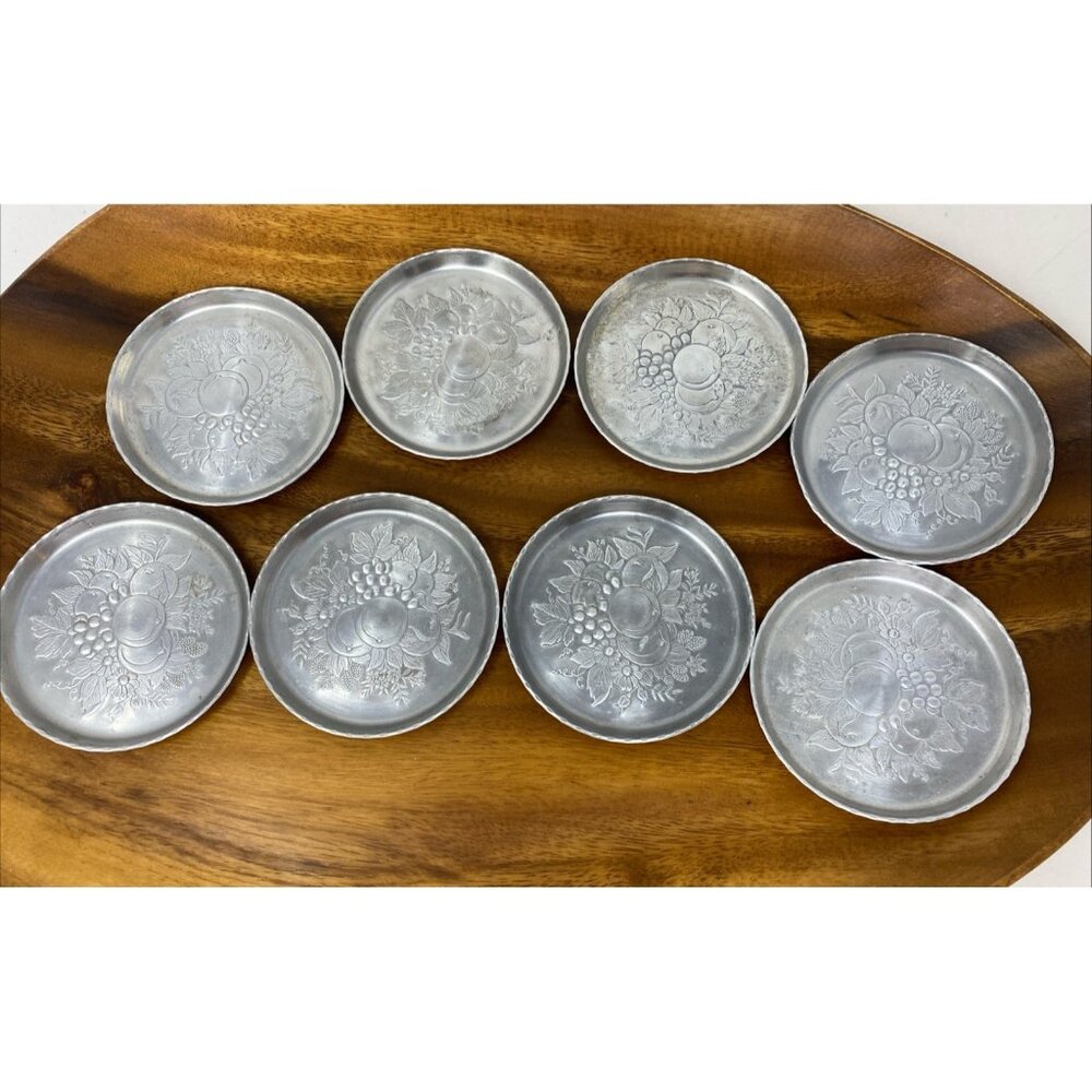 VTG Everlast Hand Forged Aluminum Metal Coasters Raised Fruit Flowers Set of 8